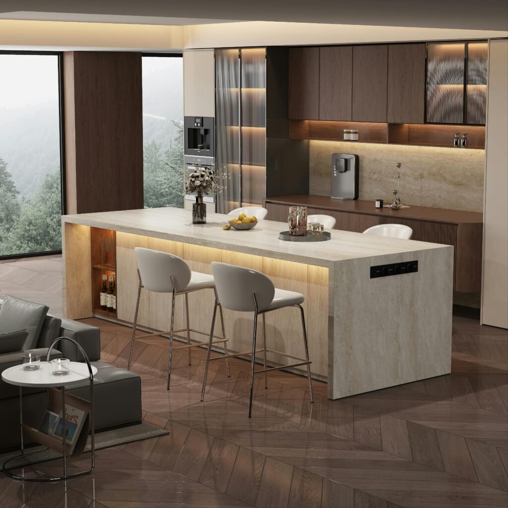 Elegant kitchen featuring a marble island, chic seating, and a serene forest view, perfect for luxury living.