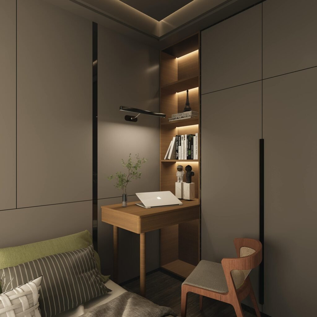 Cozy minimalist home office with desk, laptop, shelves, and mood lighting decor.