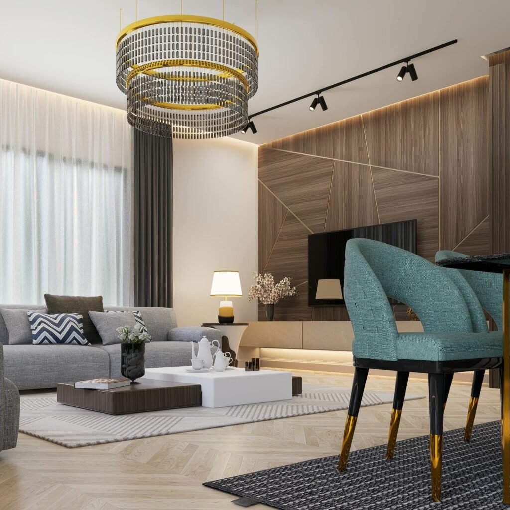 Stylish modern living room with elegant decor and luxurious furnishings.